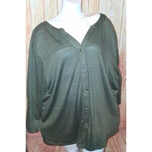 Emily Daniels Olive 3/4 Sleeve V-neck Button Up Blouse Sz 3X